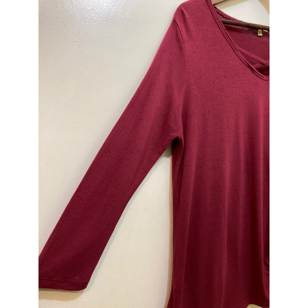 Democracy Criss Cross Top Womens L Burgundy Speckled V-Neck Side Knot Boho Soft - Picture 5 of 9